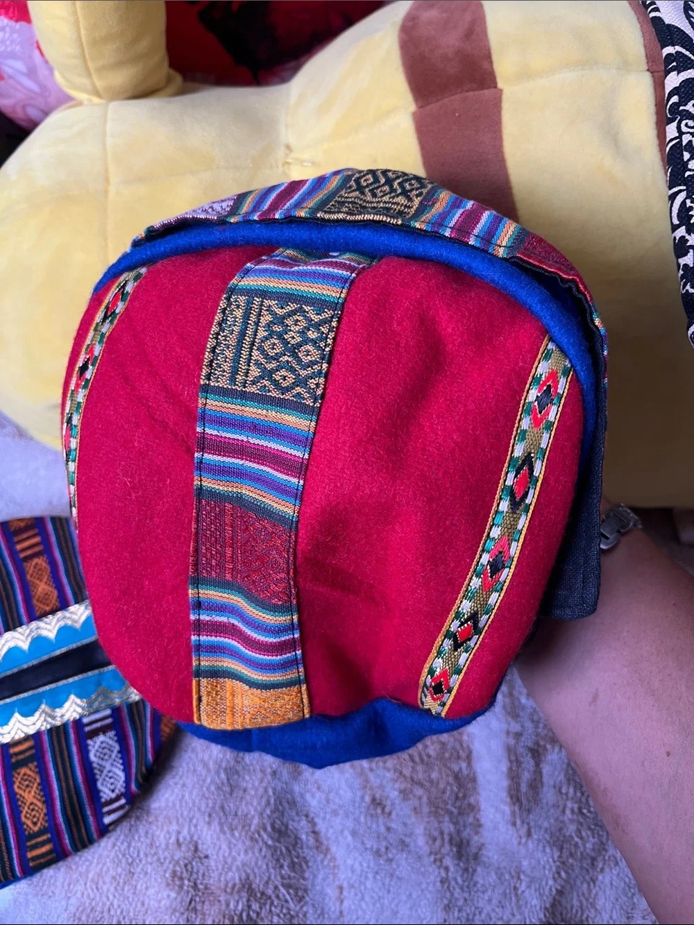 Men's Red Ethnic-Patterned Cap with Multicolor Trim